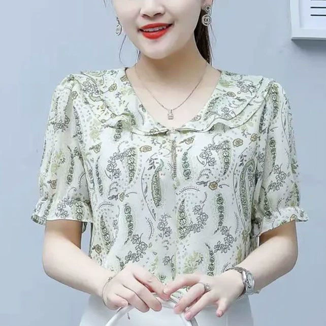 С короткими рукавами 2024 летняя печать новая иностранная рубашка цветочный топ новая китайская рубашка