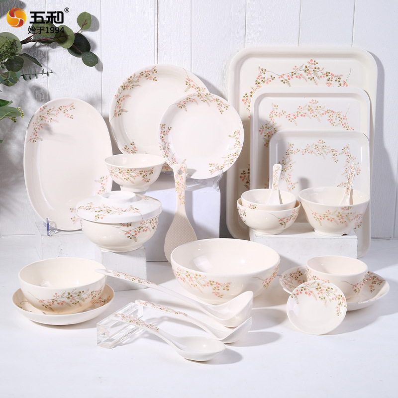 Wuhe Melamine Tableware Fresh Style Dishes and Plates Tableware Set Imitation Porcelain Household Bowls Plates Bowls Factory Wholesale