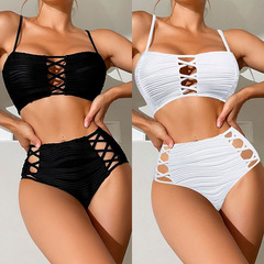 外單比基尼泳裝亞馬遜新款抹胸系帶縷空性感沙灘溫泉分體泳衣女式