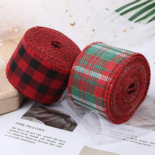 厂家热销仿麻圣诞织带包装丝带铁丝边织带布格子蝴蝶结包装麻布卷