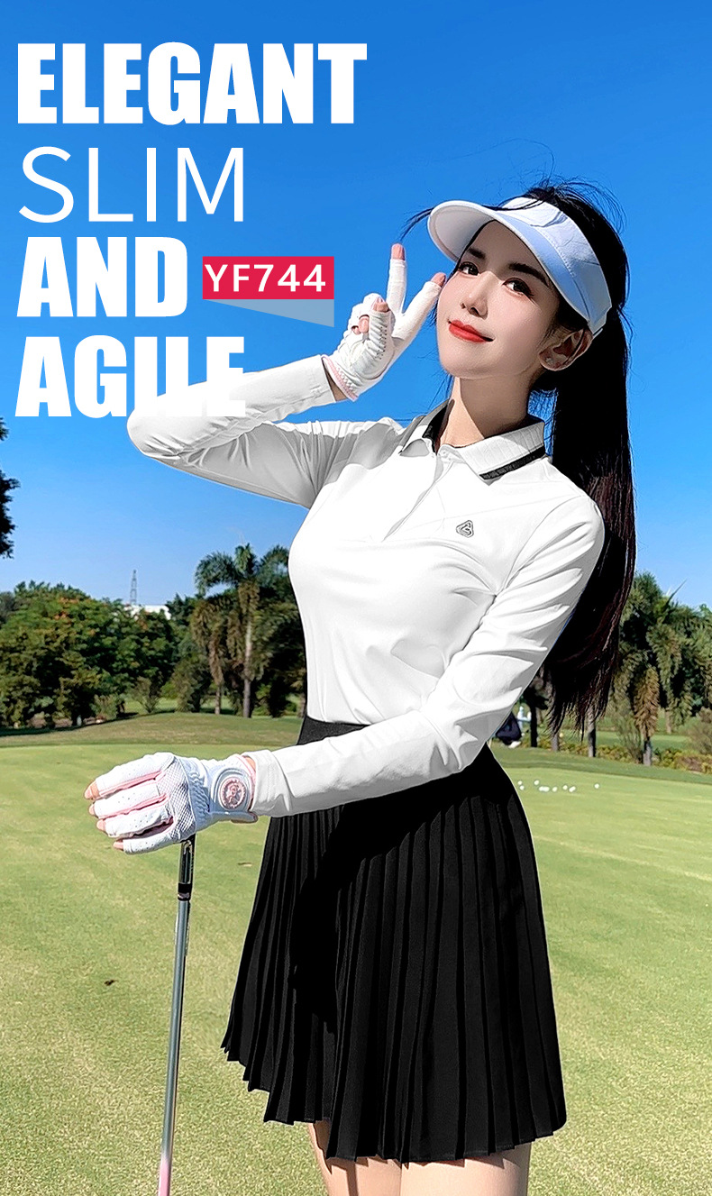 Áo thun dài tay golf nữ PGM cổ sườn ôm eo — YF744 [Cổ sườn có màu/vải co giãn] Áo sơ mi POLO màu trắng chi tiết 2
