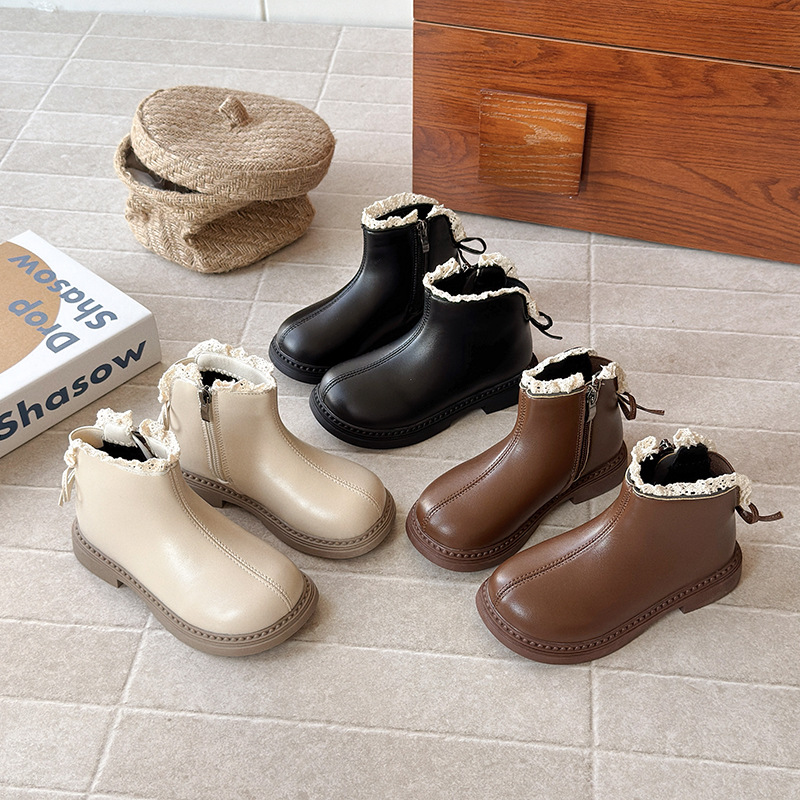 Girls Boots 2025 Baby Princess Shoes Autumn and Winter New Leather Boots Kidsren's Short Boots Martin Fleece-Lined to Heattech