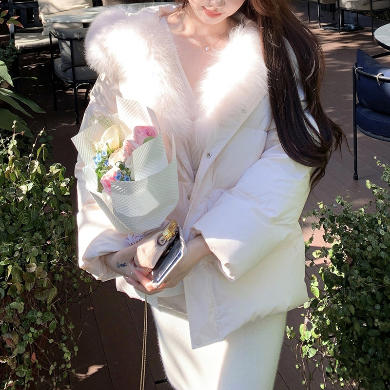 짧은 작은 이불 연한 핑크 여우 모피 칼라 다운 재킷 여성 겨울 새로운 따뜻한 슬리밍 두꺼운 재킷