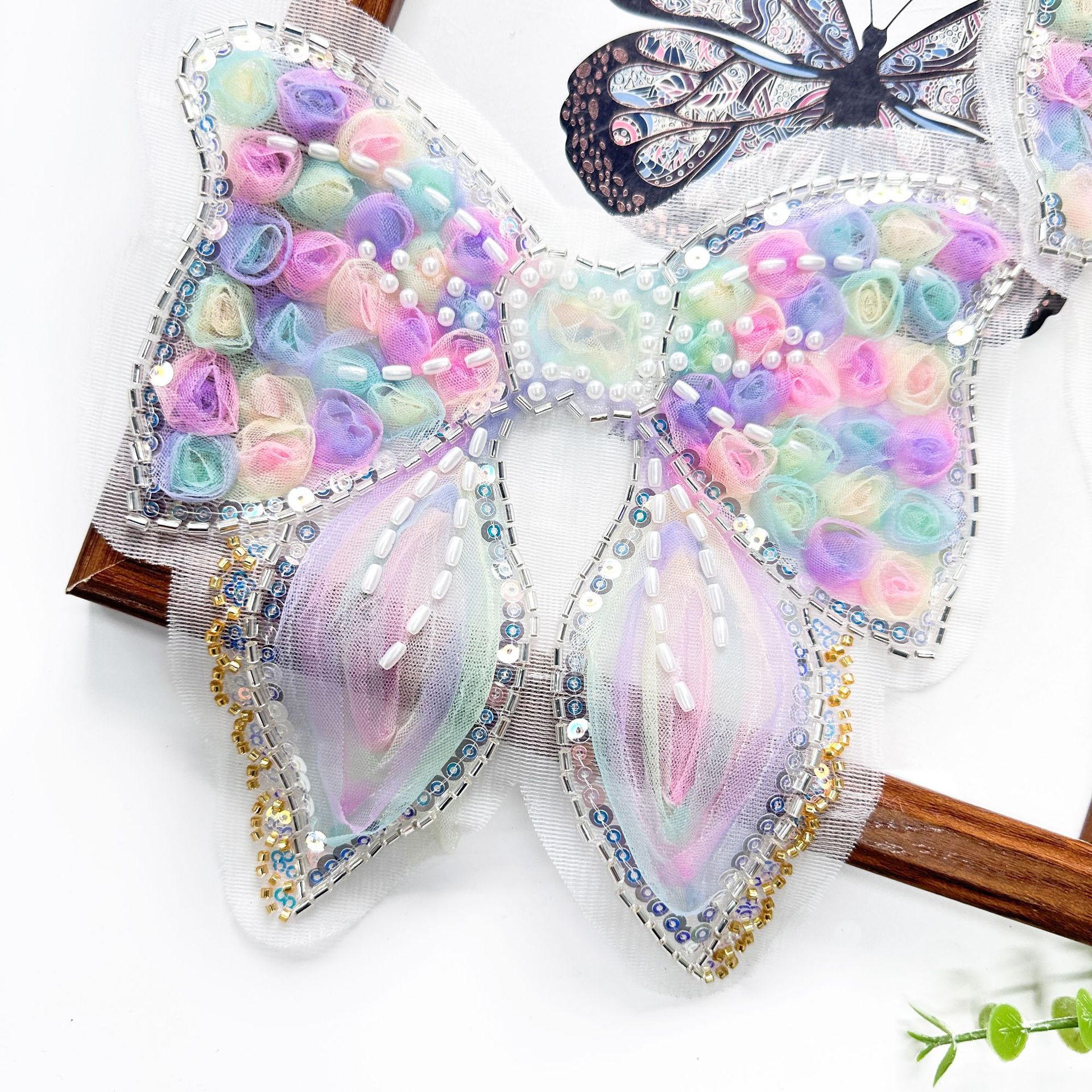 Fantástica flor tridimensional perla malla de arco de encaje pegado a mano sequinilla ropa accesorios image 2