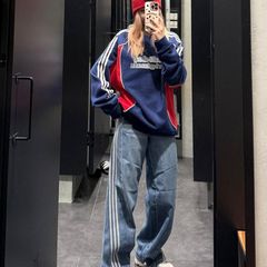 宋雨琦同款阔腿牛仔裤弯刀裤女蛇年新年款男女同款刺绣高腰阔腿裤
