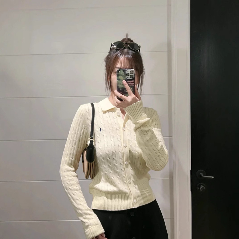 Lf Correct Version of Ralph Lauren War Horse Embroidered Twist Cardigan Jacket Knitwear Knitwear Slim Casual Lazy Women