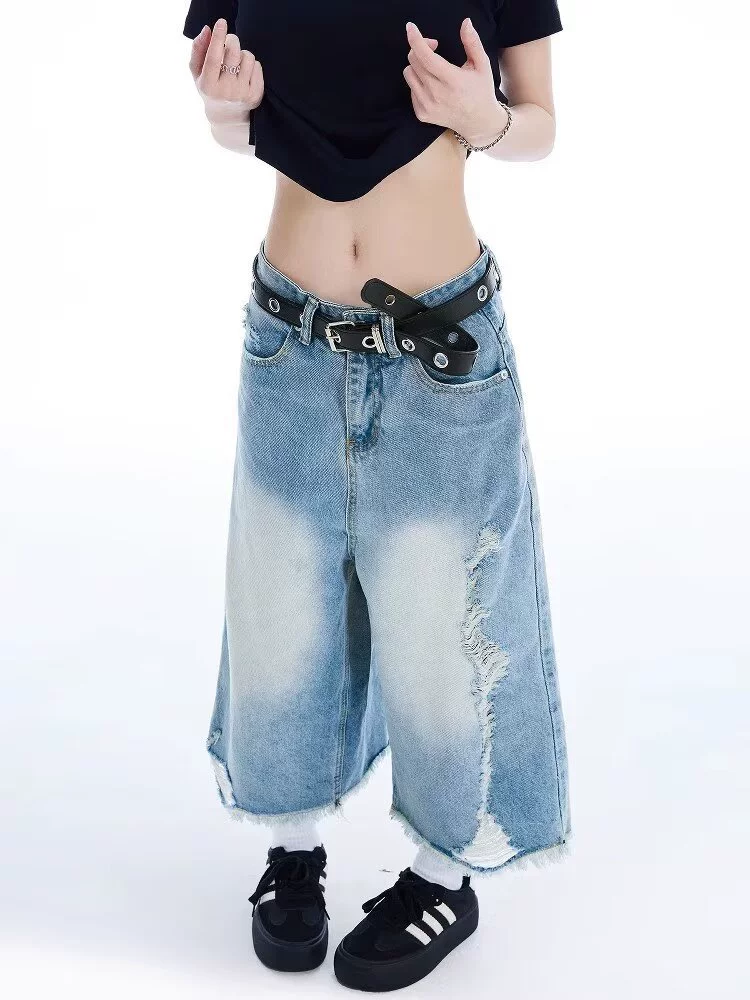 Denim skirt, thin pleated skirt, trousers, summer clothing, high waist, loose fit
