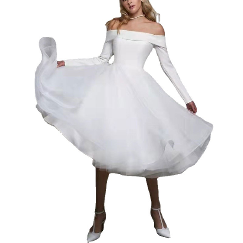 El Comercio exterior europeo y americano Amazon AliExpress desea elegante vestido de novia fuera del hombro vestido de novia corto simple manga larga fuera del hombro