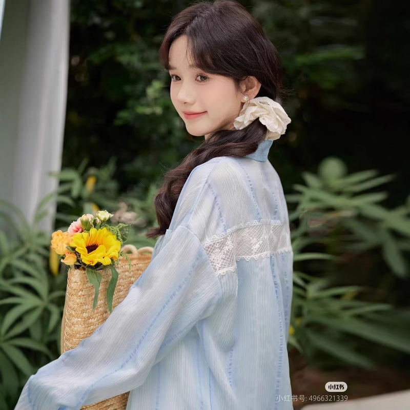 [Factory Ready Stock] Back Cut Out Lace Splicing Sun Protection Shirt Women's Summer Shirt Thin Top