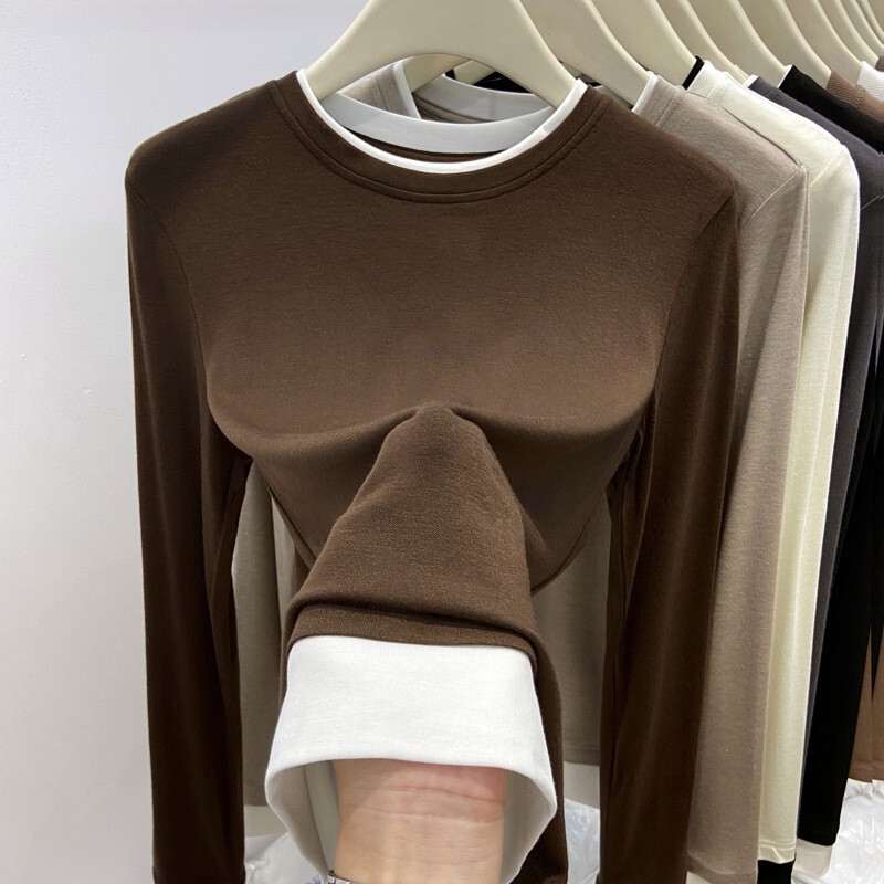 Maillard Design Fake Two-Piece Long-Sleeved T-Shirt Women's Autumn and Winter Layered with Contrasting Color Inner Top and Bottoming Shirt Maillard Design Fake Two-Piece Long-Sleeved T-Shirt Women's Autumn and Winter Layered with Contrasting Color Inner Top and Bottoming Shirt