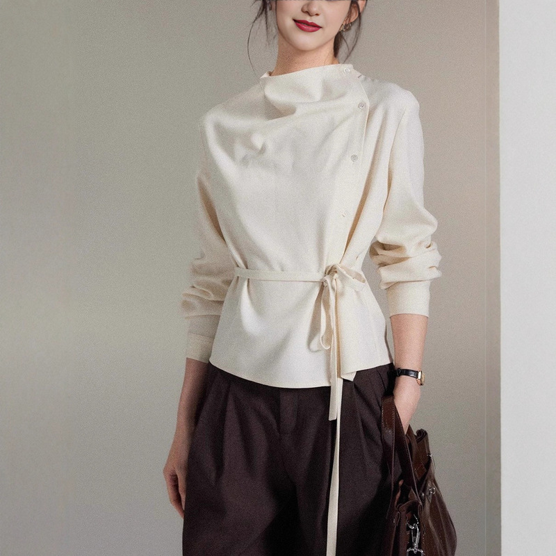 Elegant Asymmetrical Swing Collar Slanted Placket Tie Waist Top for Women by Er Yang Design