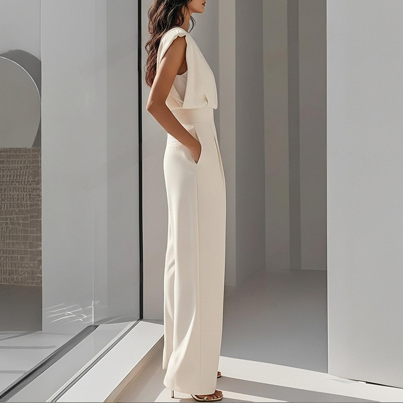 2026 Spring New Women's Clothing, Fashion Casual Commuter Solid Color Crew Neck Pleated Jumpsuit_ecoleips.com
