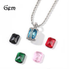 欧美新款嘻哈翻盖彩色宝石吊坠项链铜银色潮牌男士项链一件代发