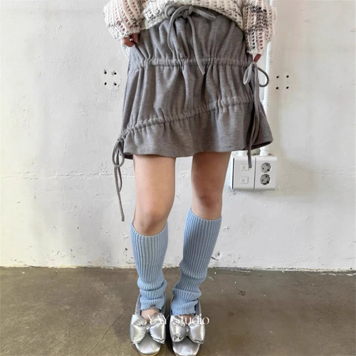2-color in-stock South Korean Instagram summer ribbed drawstring bow pleated skirt A-line skirt Japanese vintage style
