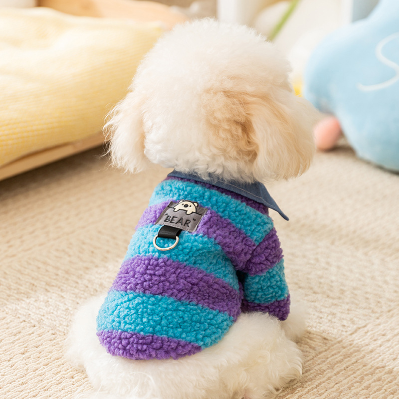 Camisas azules y púrpura de costura a rayas cuello de camisa de dos patas perros pequeños gatos otoño y invierno de dos patas de manga larga ropa de mascotas cálidas
