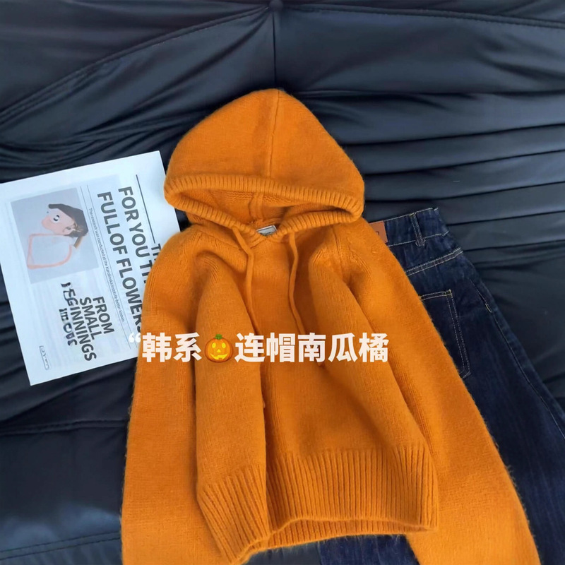 Recommended! Brightening Pumpkin Orange Hooded Sweater for Women, Autumn and Winter, Can Be Worn Alone or as an Inner Layer, Soft and Thick Top