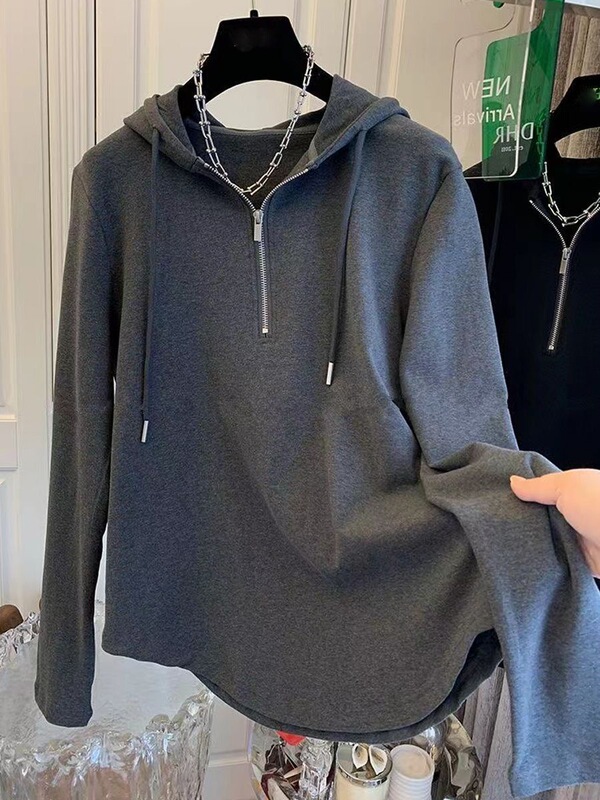 Spring and Autumn Plus Size 150kg Zipper Hoodie with Base Layer Long Sleeve T-Shirt for Women, Loose Casual Design Top