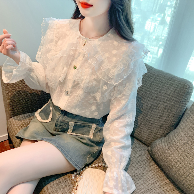 2026 Spring New Heavy Lace Trim Doll Collar Shirt with Design Embroidery Chiffon Blouse 2026 Spring New Heavy Lace Trim Doll Collar Shirt with Design Embroidery Chiffon Blouse