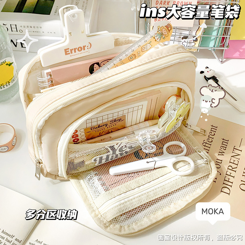 Bolsa de lápiz de lona de gran capacidad de tres capas bolsa de papelería simple estilo japonés ins chica bolsa de almacenamiento resistente a las manchas de múltiples capas
