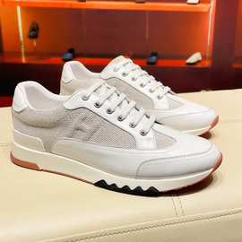 欧洲站时尚休闲运动鞋真皮透气布面潮流H字英伦韩版2025夏季平底