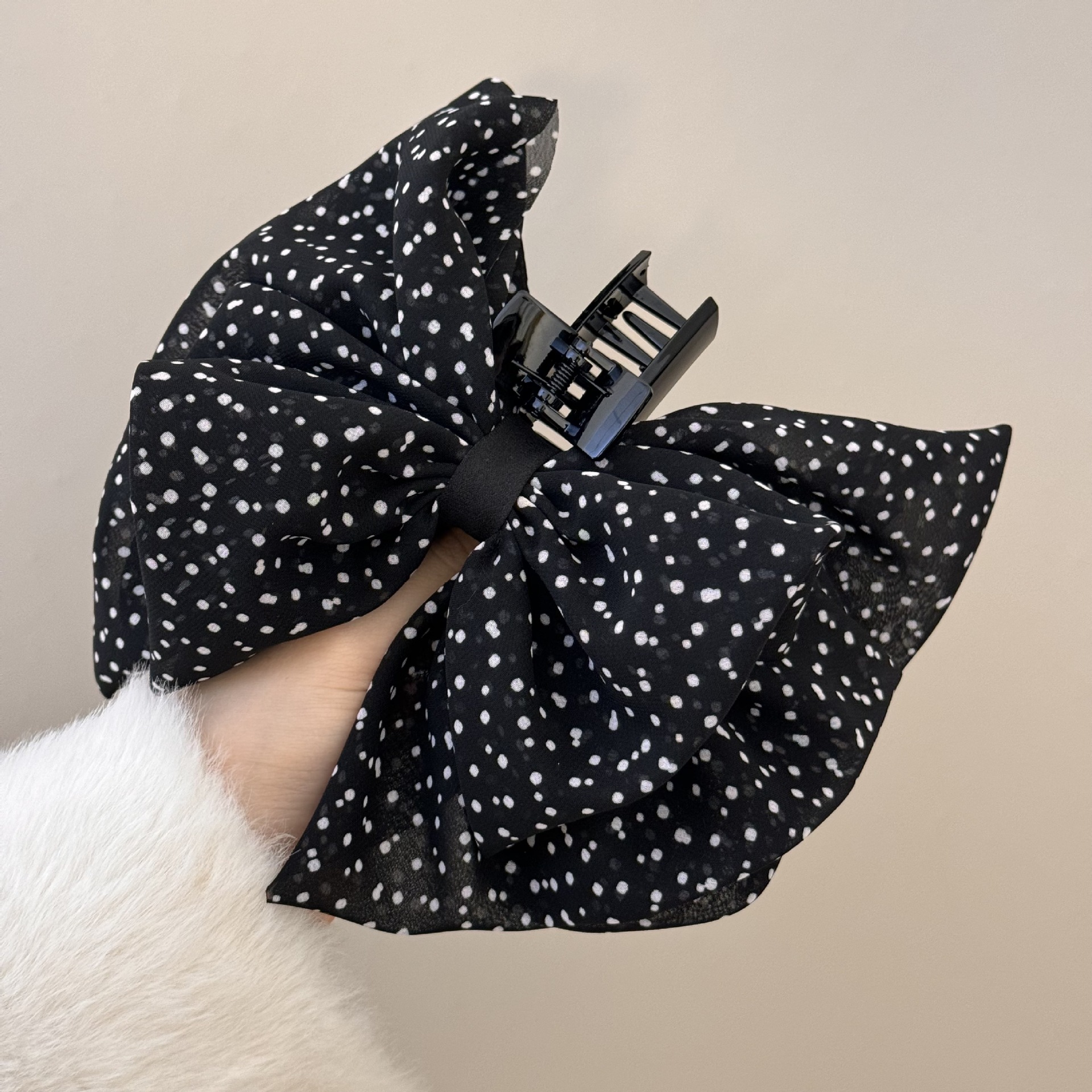 french chiffon elegant smart black and white polka dot bow ponytail clip loose clip back head shark clip grip