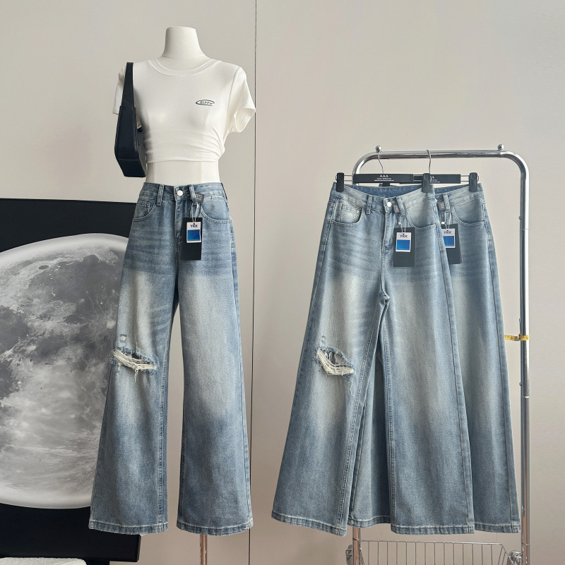 153 Petite Ripped Design Straight-Leg Versatile New Retro High-Waisted Loose Slimming Jeans for Women 153 Petite Ripped Design Straight-Leg Versatile New Retro High-Waisted Loose Slimming Jeans for Women