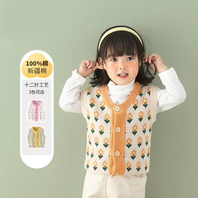 寶寶針織馬甲女幼童背心開衫V領花朵2021秋冬薄款公主風廠家批發