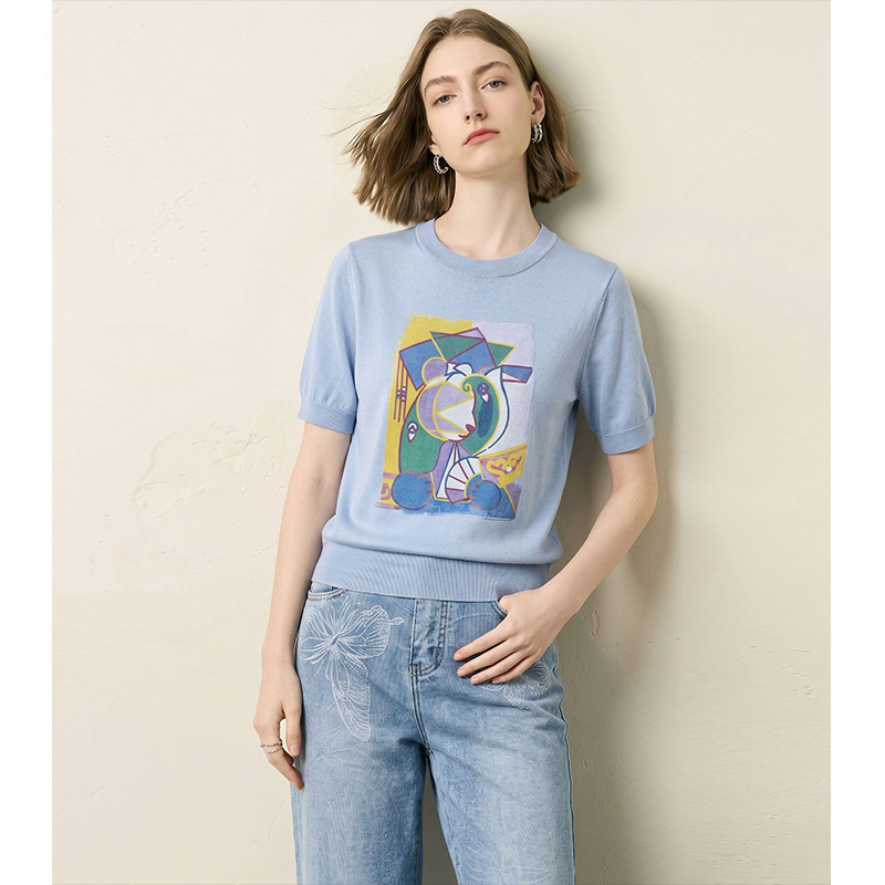 【Yazidingdan】Printed Color-Blocking Knit Top for Women, Summer 2026 New Model, Unique Design, Slimming Short Sleeves 【Yazidingdan】Printed Color-Blocking Knit Top for Women, Summer 2026 New Model, Unique Design, Slimming Short Sleeves