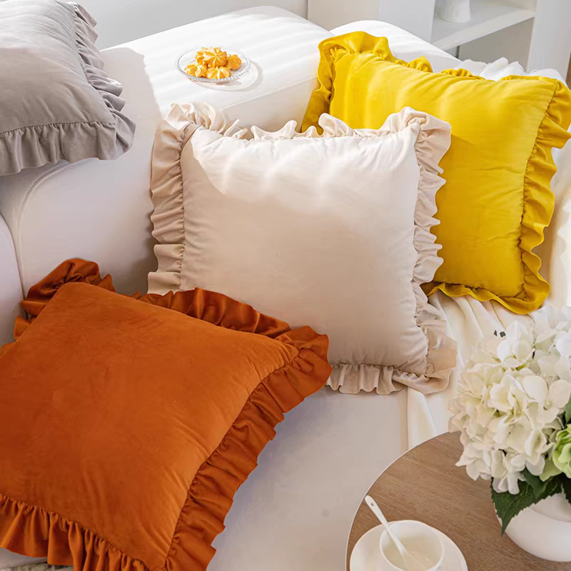 Ins Style Ruffle Pillow Pure Color Velvet Pillow Cover Cushion Sofa Back Cushion Bedside Cushion Soft