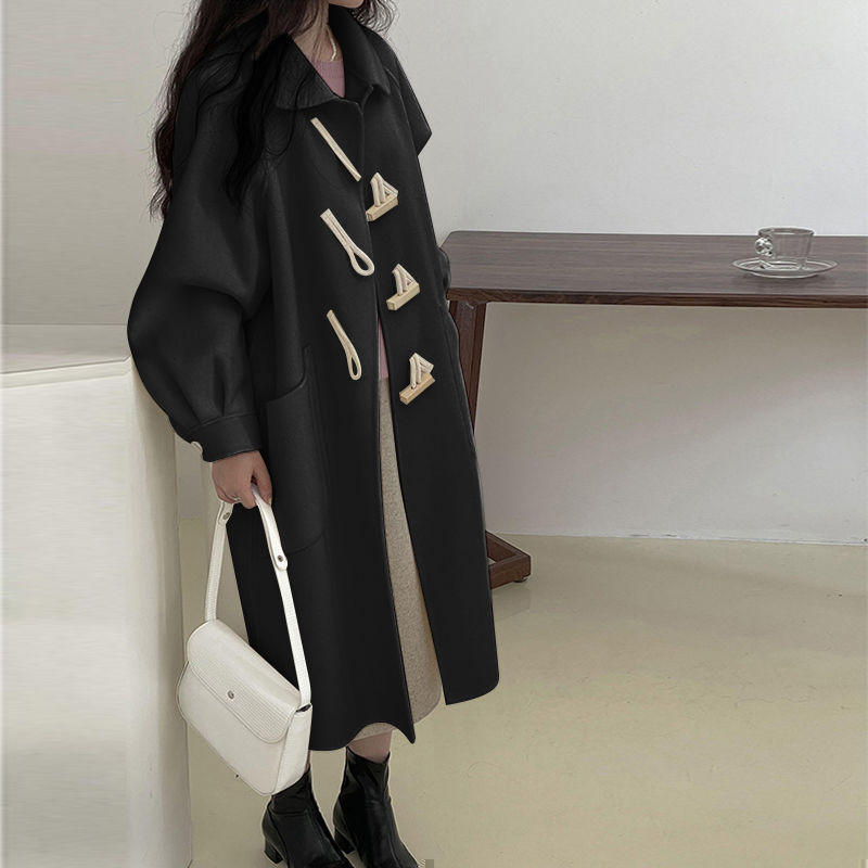 Mid-Length Horn Button Double-Sided Velvet Outwear for Women, High-End Petite Puff Sleeve Doll Collar Woolen Outwear