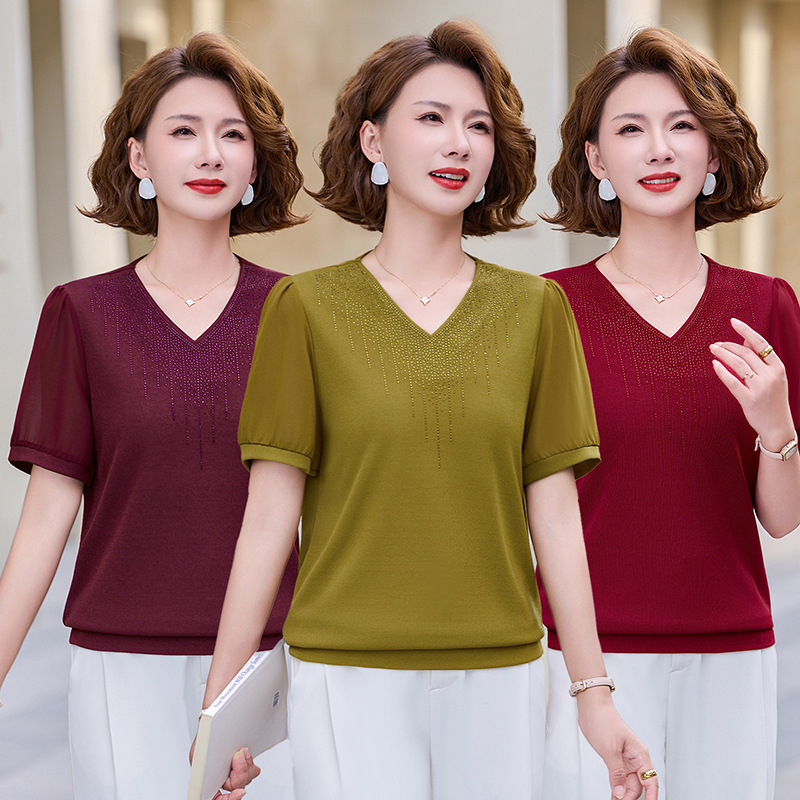 Trendy Shirts for Middle-Aged and Elderly Women, Ice Silk T-Shirts, Short-Sleeved Summer New Style, Loose Plus-Size Slimming Waist-Cinching Tops