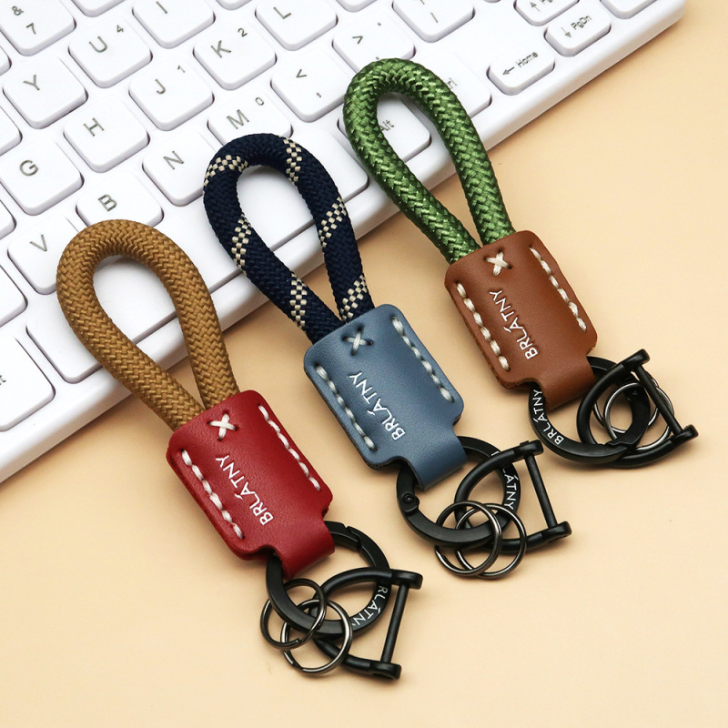 Handmade Leather Braided Rope Car Keychain Pendant with Printed Logo Key Ring High-End Key Chain Bag