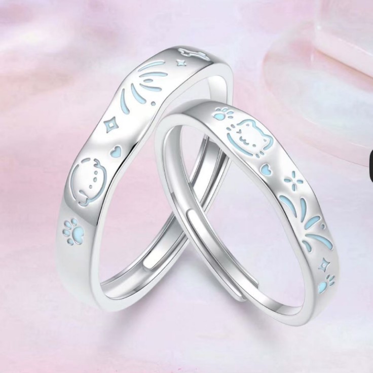 Misheng Luminous Cat and Dog Couple Rings for Women, Niche Design, Sweet and High-End Adjustable Ins Ring