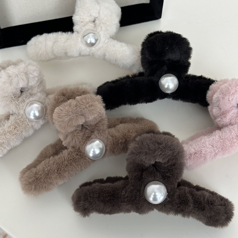 Herbst und Winter Plüsch Haarnadel Kopfschmuck weibliche Perle Haarspange Hinterkopf Haarspange große Haifisch-Clip Subnetz rot Hochsteckfrisur Haar Haarnadel_voghion.com