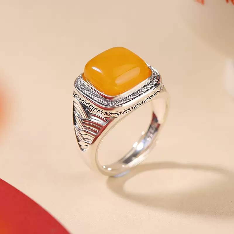 悦宝珠宝蜜蜡S925纯银顺风顺水几何方形民族复古做旧指环戒指定制