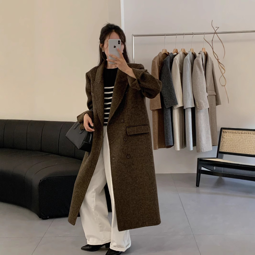 新型ゆったり型両面ウールコート レディース ダブルブレスト フォーマル グレー ヘリンボーン柄 カシミヤブレザー 通勤用