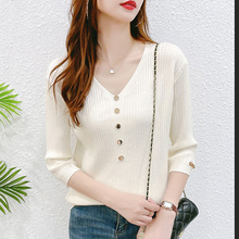 早秋七分袖针织衫2025春夏新款女装V领中袖上衣薄宽松黑色打底衫