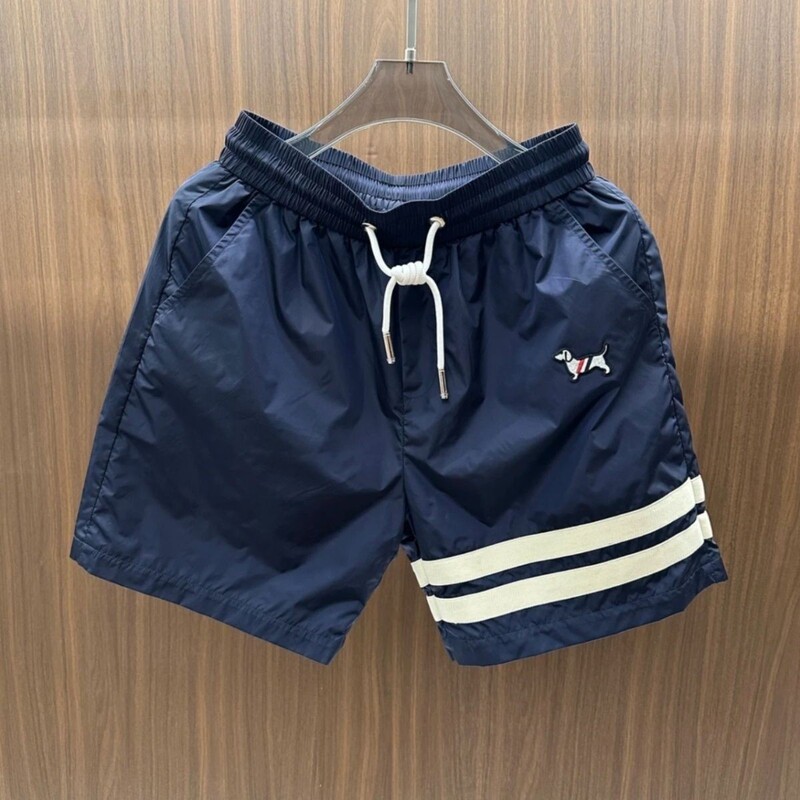 American-Style Trendy Brand Dog Embroidery Quick-Dry Casual Shorts for Men, Summer Loose Striped Straight-Leg Sports Shorts