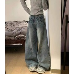 クロスボーダーアメリカンレトロウォッシュ加工カーブスコブジーンズメンズルーズスリムデザインワイドレッグバナナ鎌パンツ