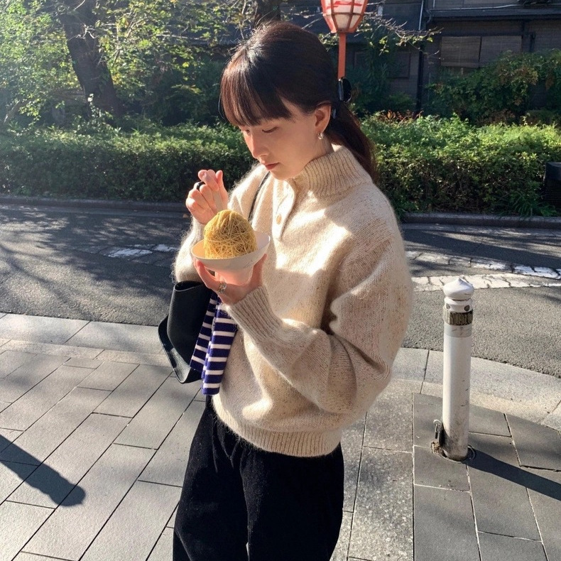 In Stock 2025 Winter New Korean Dongdaemun Le*Obe Loose High-Neck Half-Button Long-Sleeve Knitted Sweater for Women