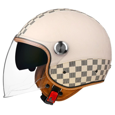 female male retro leather helmet, Motosiklet kaskı (dəbilqə) - checkerboard-off-white-long-outside-and-tea-inside-m