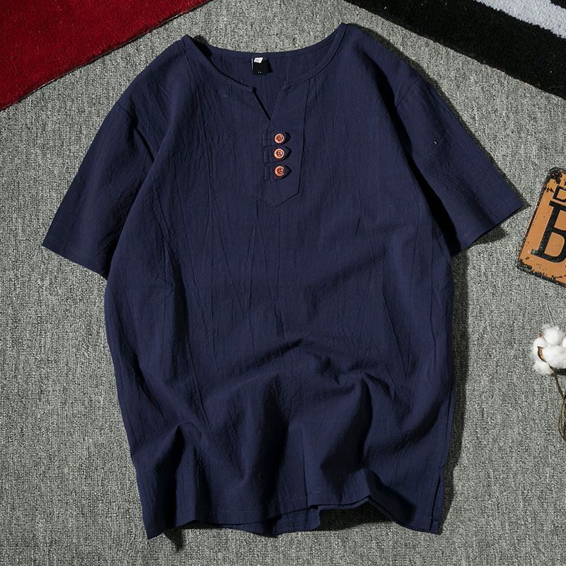 Camiseta de manga corta de algodón y lino de verano para hombre, camiseta suelta de media manga, ropa con cuello en V de lino de marca de moda china para hombre image 2