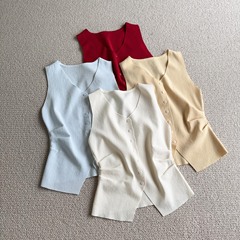 女性用夏Vネックノースリーブセーター、甘辛通勤、高級スリットプリーツベスト、ウエスト痩身トップス