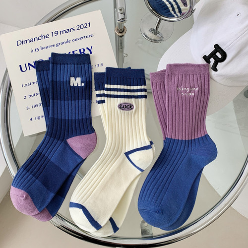Double needle embroidery - purple series socks women's mid-calf socks spring and summer striped color matching long tube cotton socks ins fashion hot-selling 