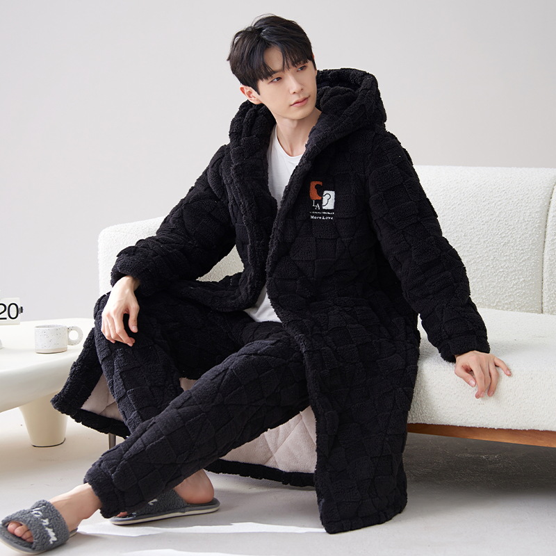 Pijamas de invierno para hombre 2024, bata acolchada de tres capas de longitud media, forro polar coral cálido con capucha, informal y grueso para uso exterior