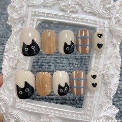 Purely handmade wearable nails, finished products, light luxury, hand-painted cute cat cartoon short nails, phototherapy nails, reusable