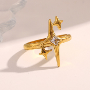 European and American Cross-Border New Style Cool Style Accessible Luxury Personalized Hand Jewelry Stainless Steel Plated 18K Gold Polar Star Zircon Ring