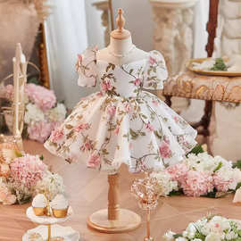 跨境专供女宝宝周岁礼服2026新款花朵儿童泡泡袖公主裙baby dress