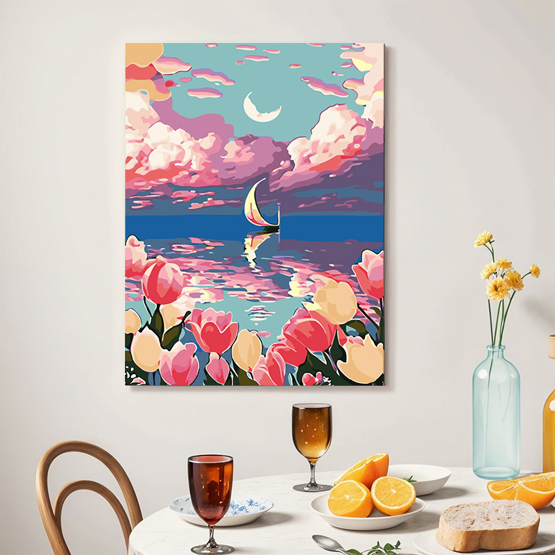 Pintura al Óleo Digital DIY, Pintura Decorativa Curativa Pintada a Mano, Paisaje, Tulipán, Girasol, Arte Decorativo, Regalo