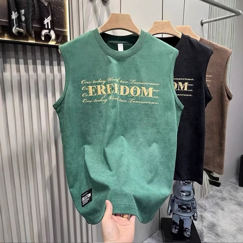 Summer New Vest Men's Fashionable Printed Sleeveless Loose Waistcoat Sports Fitness Casual Round Neck All-match Top Trendy